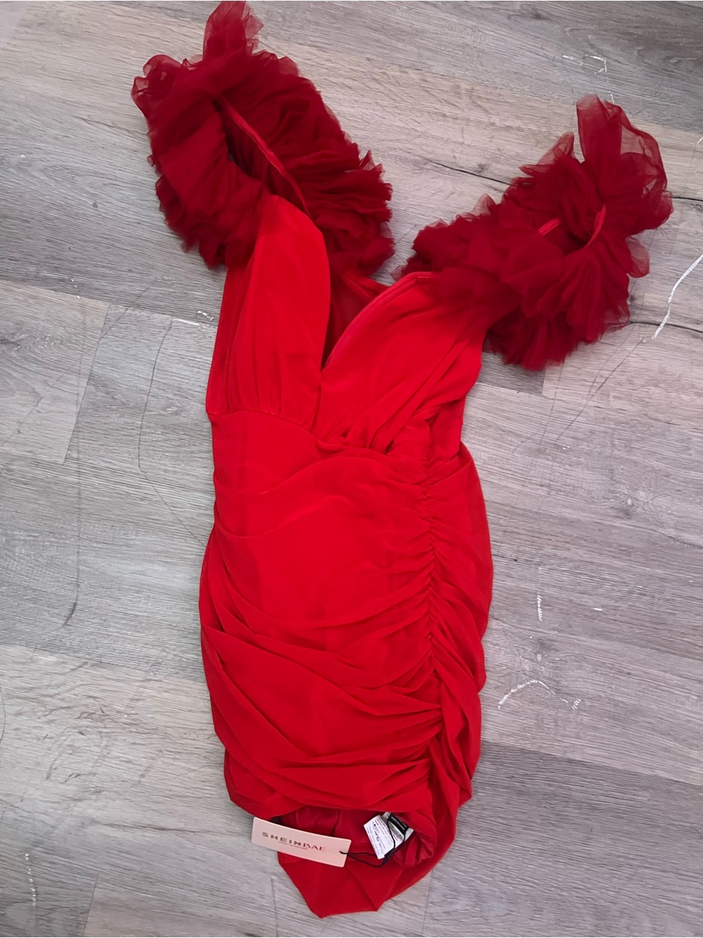 SHEIN Red Ruffled Sleeve V-Neck Mini Dress